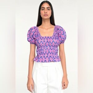 NWT Banjanan Halo Cotton Top Blouse Abstract Print Smocked Puff Sleeve Purple M